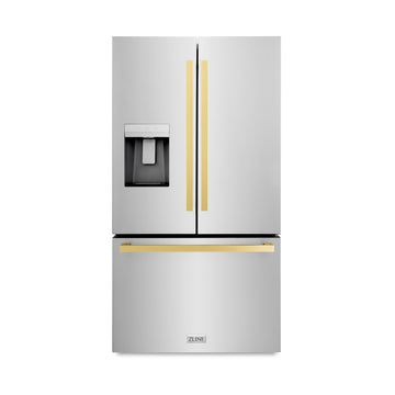 ZLINE 36 in French Door Refrigerator 28.9 cu. ft. Standard Depth Water Dispenser Dual Ice Maker Stainless Steel Gold Square Handles (RSMZ-W-36-FG)