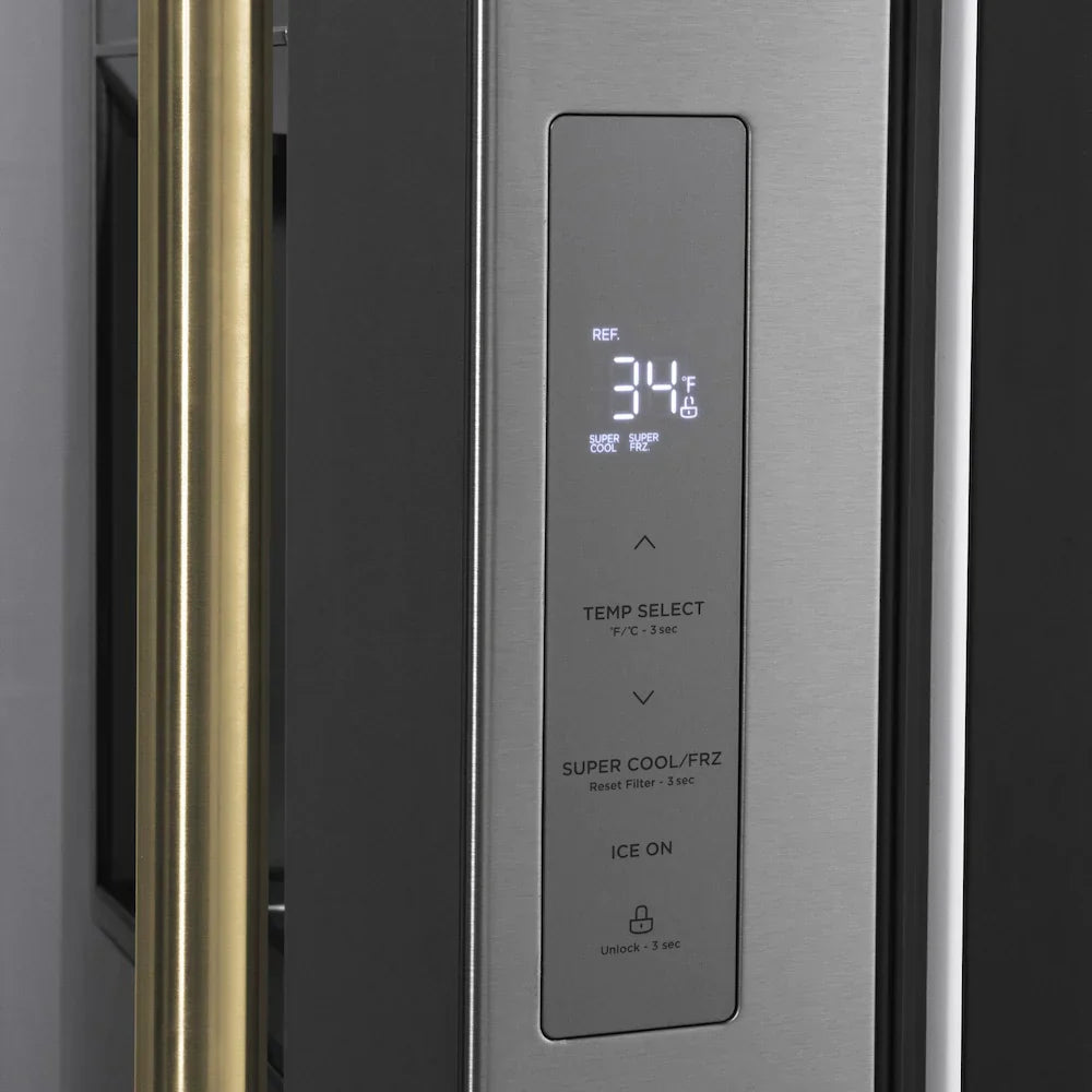 ZLINE Kitchen and Bath 36 in. French Door Refrigerator 28.9 cu. ft. Standard Depth Water Dispenser Dual Ice Maker Stainless Steel Gold Handles (RSMZ-W-36-G)