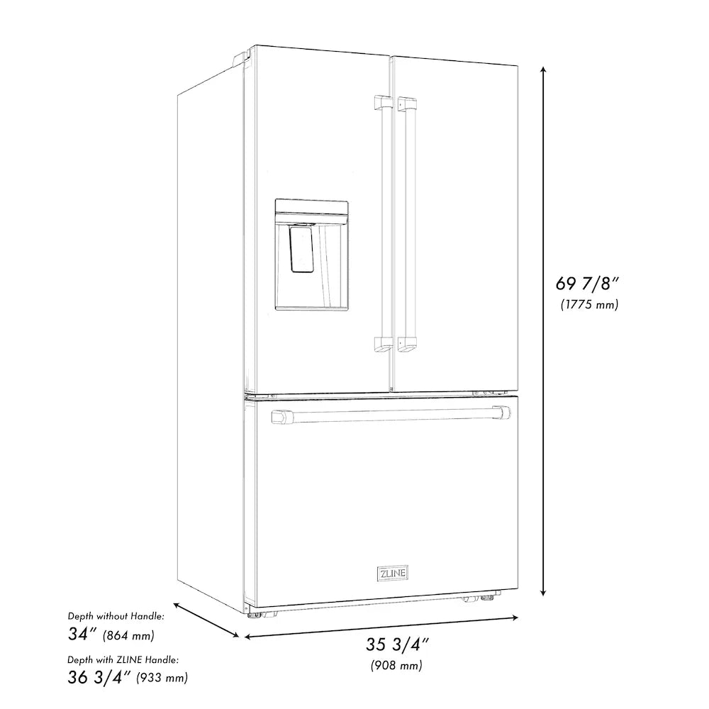 ZLINE Kitchen and Bath 36 in. French Door Refrigerator 28.9 cu. ft. Standard Depth Water Dispenser Dual Ice Maker Stainless Steel Gold Handles (RSMZ-W-36-G)
