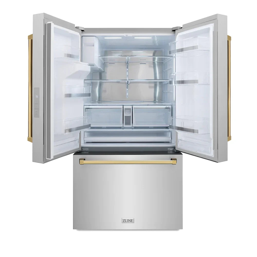 ZLINE Kitchen and Bath 36 in. French Door Refrigerator 28.9 cu. ft. Standard Depth Water Dispenser Dual Ice Maker Stainless Steel Gold Handles (RSMZ-W-36-G)