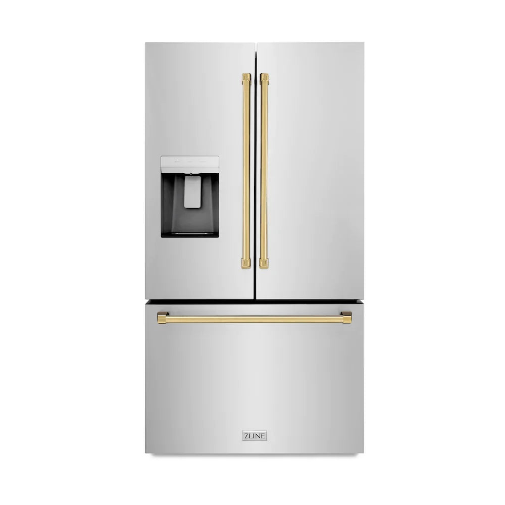 ZLINE Kitchen and Bath 36 in. French Door Refrigerator 28.9 cu. ft. Standard Depth Water Dispenser Dual Ice Maker Stainless Steel Gold Handles (RSMZ-W-36-G)