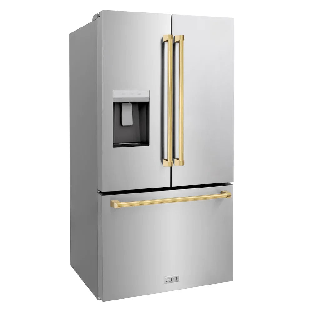 ZLINE Kitchen and Bath 36 in. French Door Refrigerator 28.9 cu. ft. Standard Depth Water Dispenser Dual Ice Maker Stainless Steel Gold Handles (RSMZ-W-36-G)