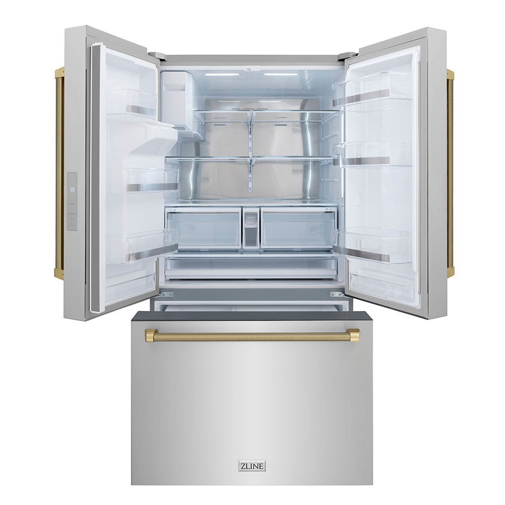 ZLINE 36 in. French Door Refrigerator 28.9 Cu. Ft. Standard-Depth Fingerprint-Resistant Stainless Steel External Water Dispenser Dual Ice Maker Champagne Bronze Helix Handles (RSMZ-W-36-KCB)