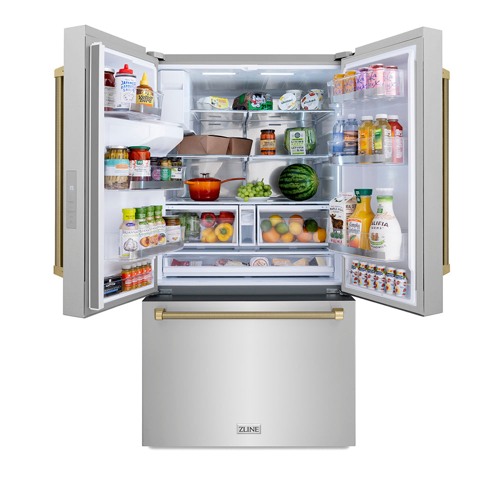 ZLINE 36 in. French Door Refrigerator 28.9 Cu. Ft. Standard-Depth Fingerprint-Resistant Stainless Steel External Water Dispenser Dual Ice Maker Champagne Bronze Helix Handles (RSMZ-W-36-KCB)