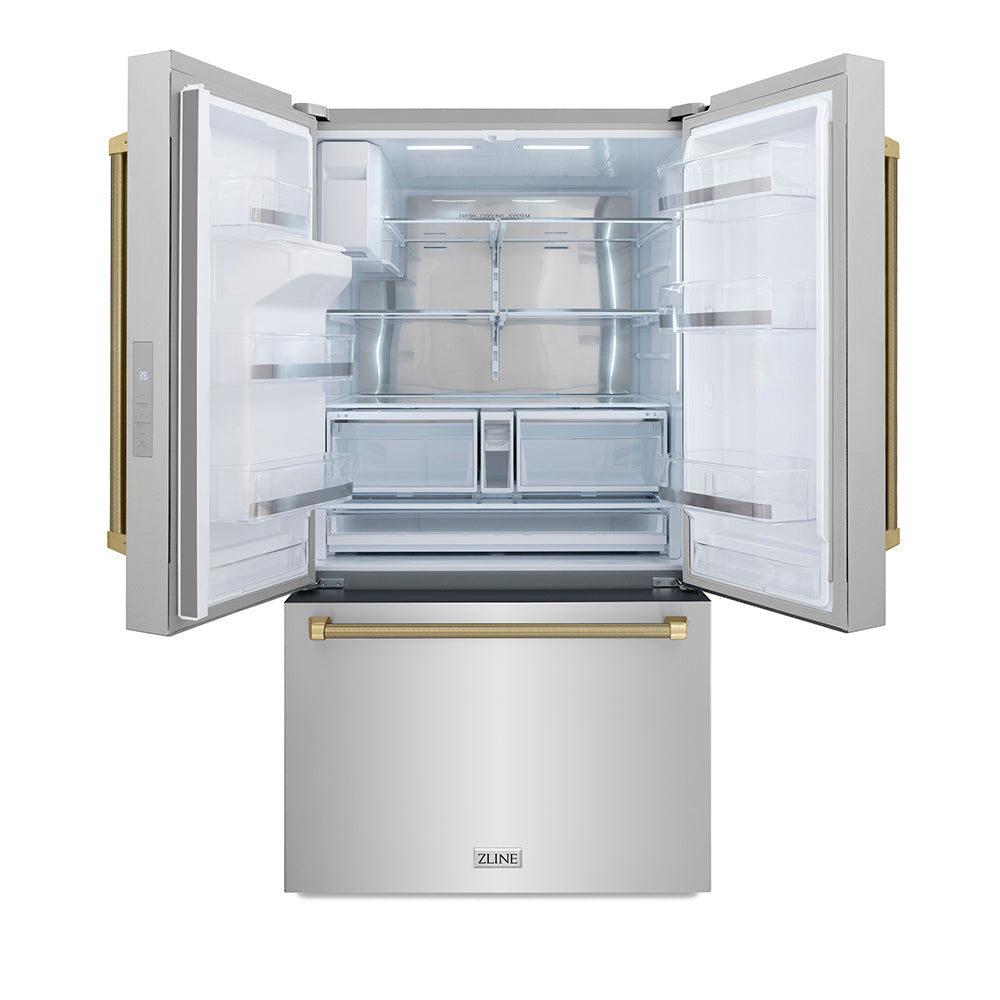ZLINE 36 in. French Door Refrigerator 28.9 Cu. Ft. Standard-Depth Fingerprint-Resistant Stainless Steel External Water Dispenser Dual Ice Maker Champagne Bronze Helix Handles (RSMZ-W-36-KCB)