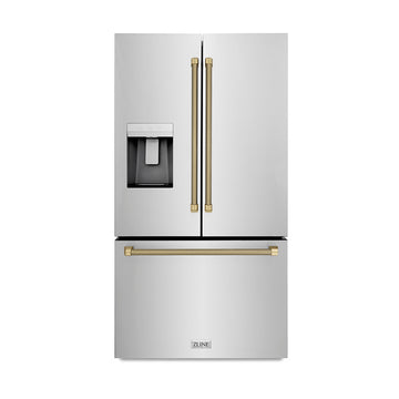 ZLINE 36 in. French Door Refrigerator 28.9 Cu. Ft. Standard-Depth Fingerprint-Resistant Stainless Steel External Water Dispenser Dual Ice Maker Champagne Bronze Helix Handles (RSMZ-W-36-KCB)