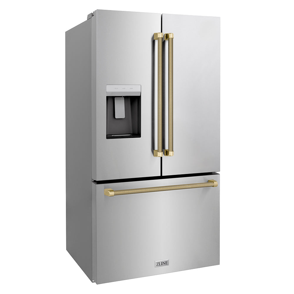 ZLINE 36 in. French Door Refrigerator 28.9 Cu. Ft. Standard-Depth Fingerprint-Resistant Stainless Steel External Water Dispenser Dual Ice Maker Champagne Bronze Helix Handles (RSMZ-W-36-KCB)