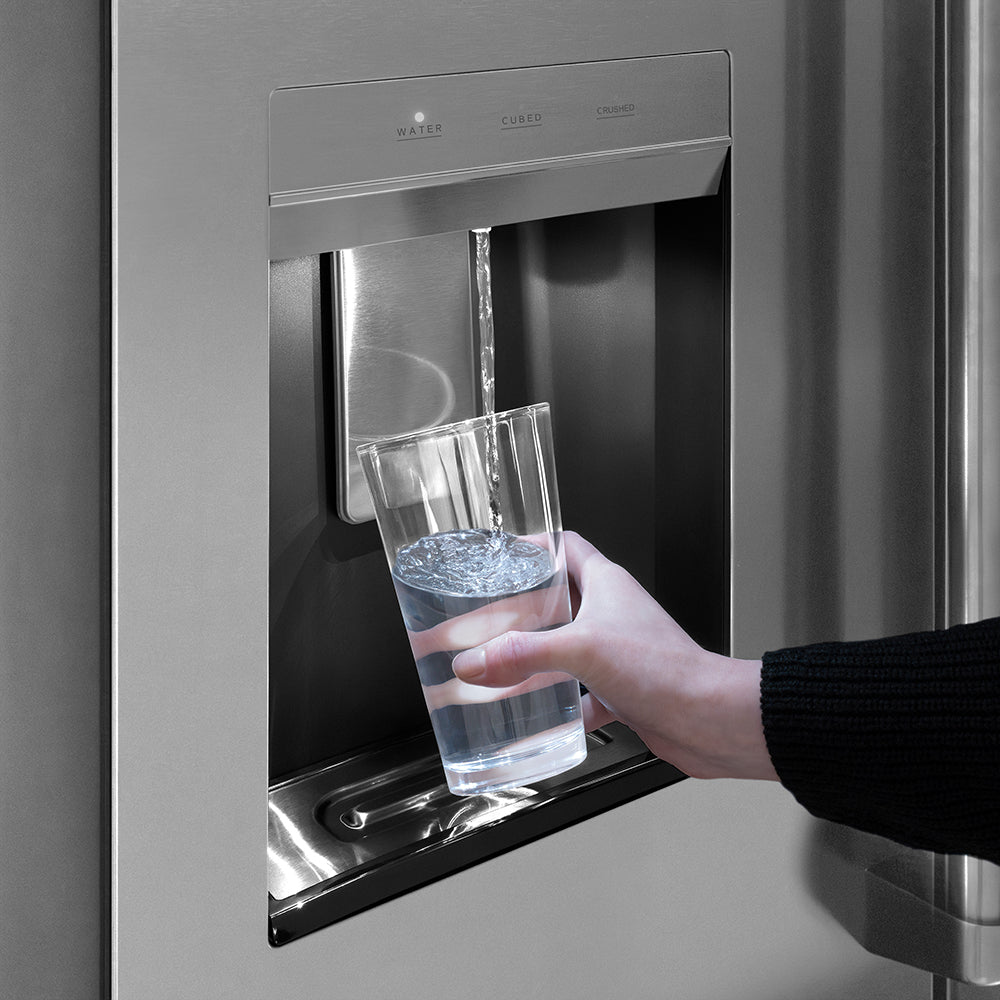 ZLINE 36 in. French Door Refrigerator 28.9 Cu. Ft. Standard-Depth Fingerprint-Resistant Stainless Steel External Water Dispenser Dual Ice Maker Champagne Bronze Helix Handles (RSMZ-W-36-KCB)