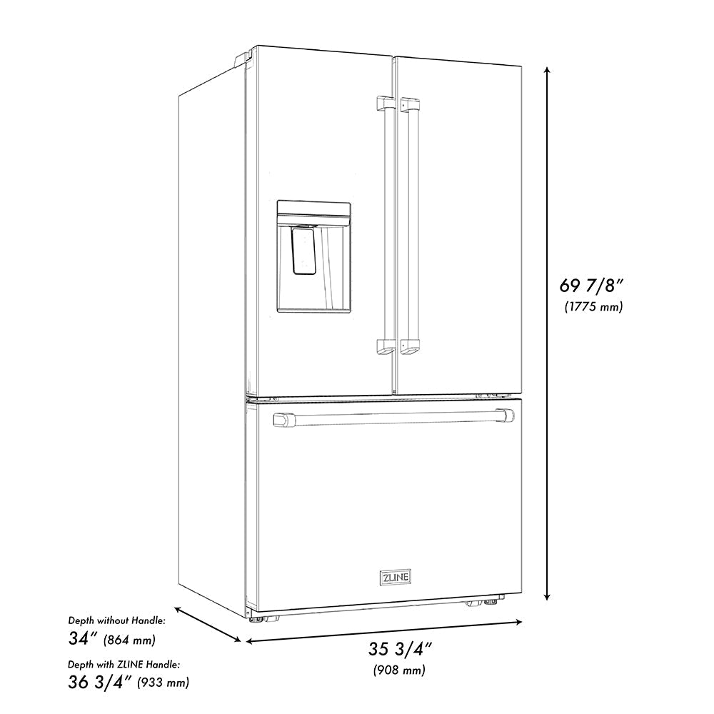 ZLINE 36 in. French Door Refrigerator 28.9 cu. ft. Standard-Depth External Water Dispenser Dual Ice Maker Fingerprint-Resistant Stainless Steel Polished Nickel Helix Handles (RSMZ-W-36-