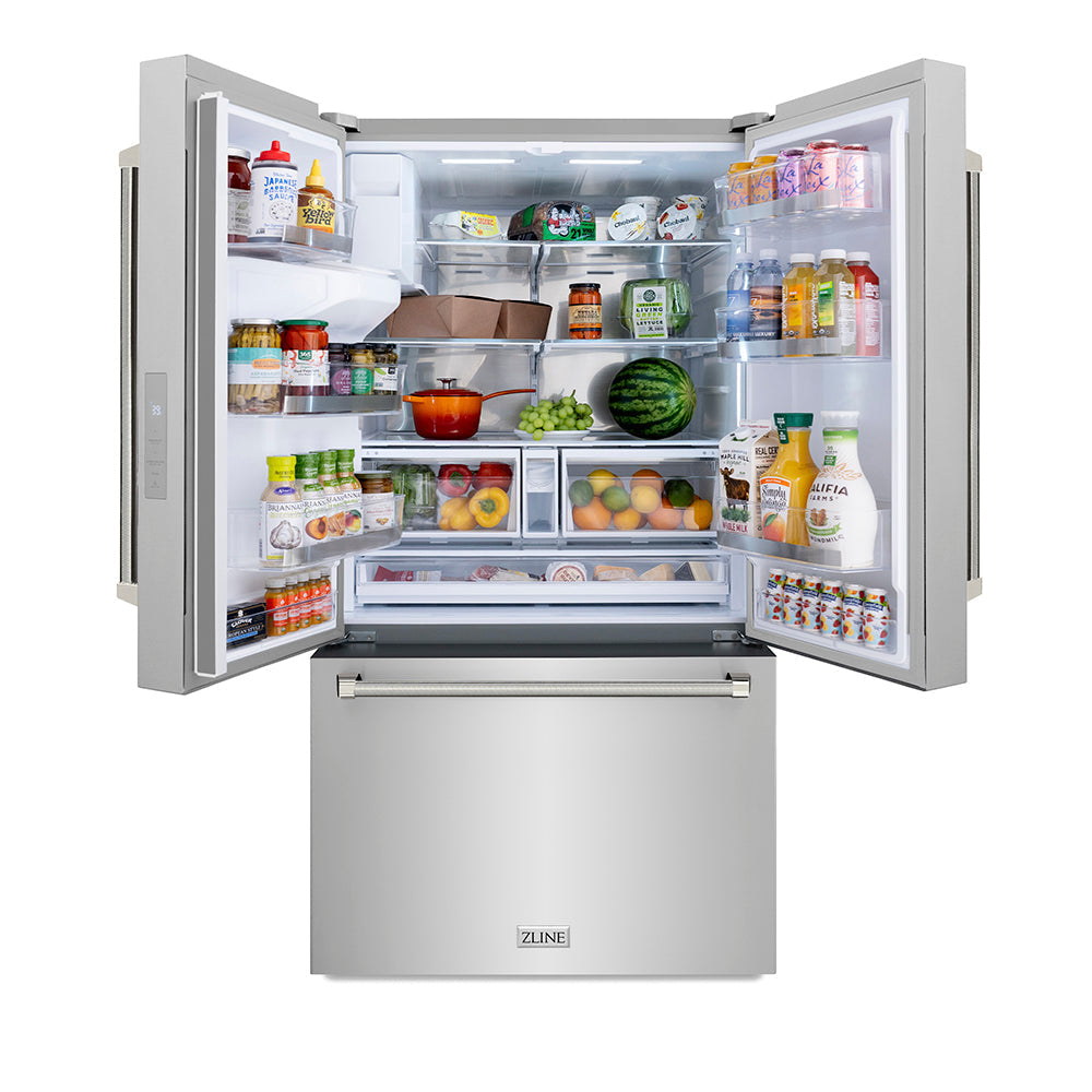ZLINE 36 in. French Door Refrigerator 28.9 cu. ft. Standard-Depth External Water Dispenser Dual Ice Maker Fingerprint-Resistant Stainless Steel Polished Nickel Helix Handles (RSMZ-W-36-