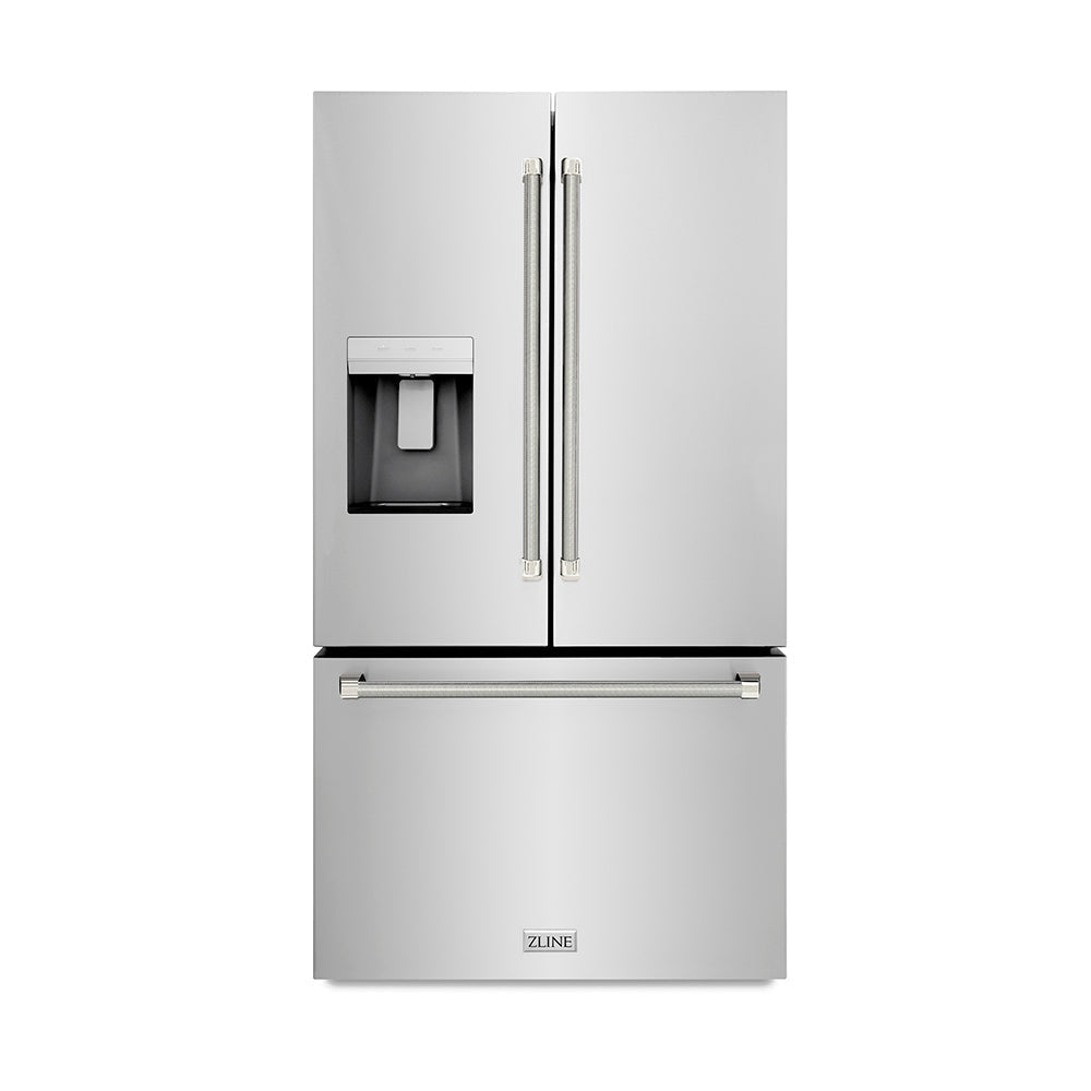 ZLINE 36 in. French Door Refrigerator 28.9 cu. ft. Standard-Depth External Water Dispenser Dual Ice Maker Fingerprint-Resistant Stainless Steel Polished Nickel Helix Handles (RSMZ-W-36-