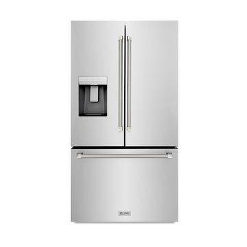 ZLINE 36 in. French Door Refrigerator 28.9 cu. ft. Standard-Depth External Water Dispenser Dual Ice Maker Fingerprint-Resistant Stainless Steel Polished Nickel Helix Handles (RSMZ-W-36-