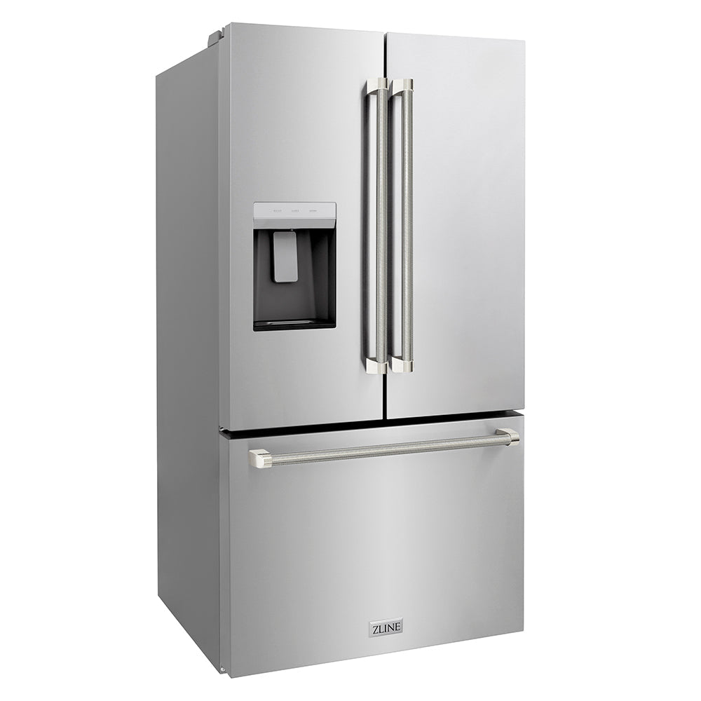 ZLINE 36 in. French Door Refrigerator 28.9 cu. ft. Standard-Depth External Water Dispenser Dual Ice Maker Fingerprint-Resistant Stainless Steel Polished Nickel Helix Handles (RSMZ-W-36-