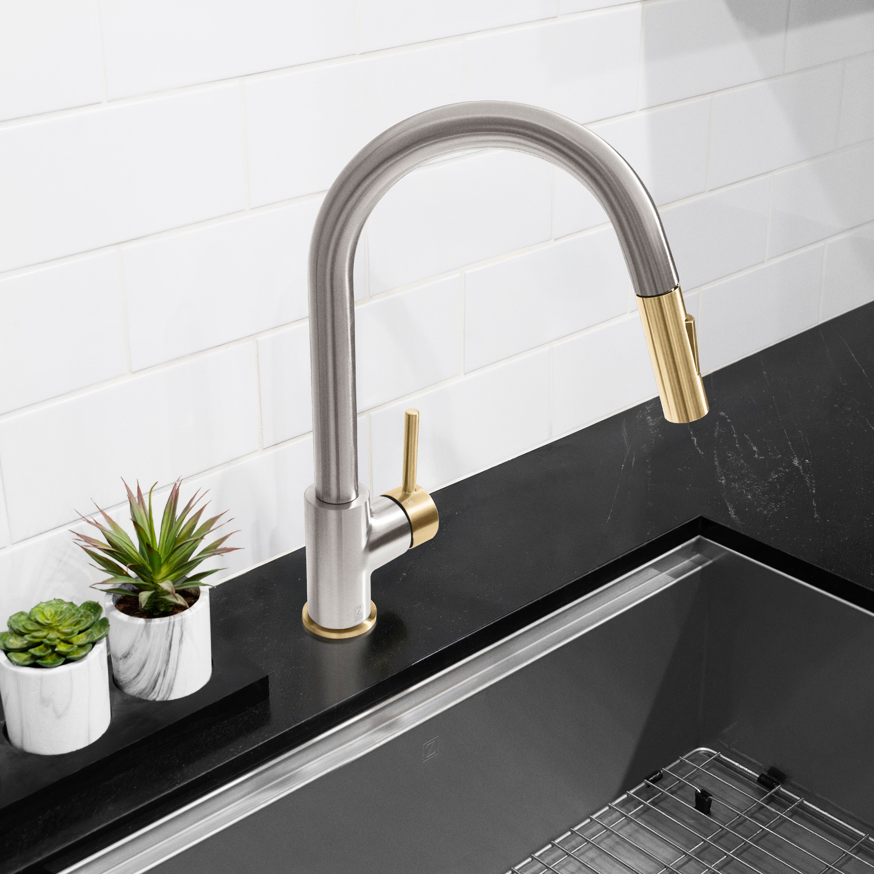 ZLINE Autograph Gemini Pull Down Single Handle Kitchen Faucet in Brushed Nickel and Champagne Bronze, GEM-KF-ZBNCB