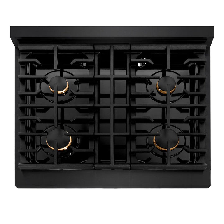 ZLINE Autograph Edition 30 in. Paramount Dual Fuel Range with 4 Gas Burners and Electric Convection Oven, 4.2 cu. ft., Black Stainless Steel with Champagne Bronze Accents (SDRBZ-30-CB)