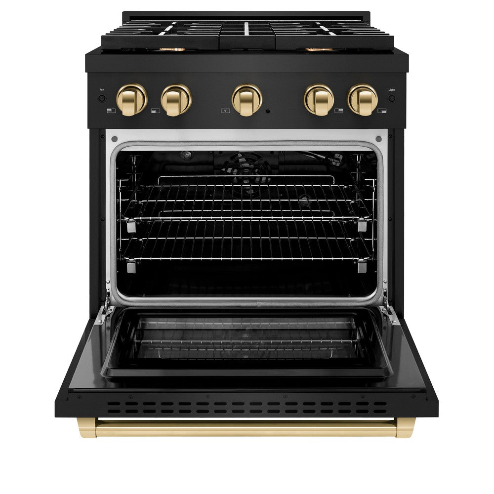ZLINE Autograph Edition 30 in. 4.2 cu. ft. Paramount Dual Fuel Range with 4 Burner Gas Cooktop and Electric Convection Oven in Black Stainless Steel with Polished Gold Accents (SDRBZ-30-G)