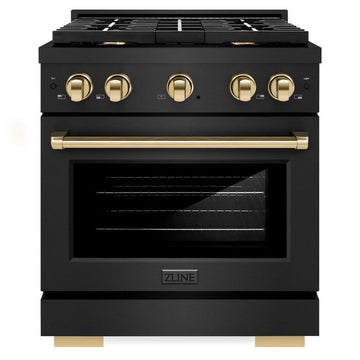 ZLINE Autograph Edition 30 in. 4.2 cu. ft. Paramount Dual Fuel Range with 4 Burner Gas Cooktop and Electric Convection Oven in Black Stainless Steel with Polished Gold Accents (SDRBZ-30-G)