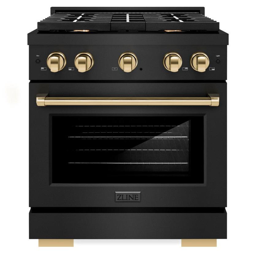 ZLINE Autograph Edition 30 in. 4.2 cu. ft. Paramount Dual Fuel Range with 4 Burner Gas Cooktop and Electric Convection Oven in Black Stainless Steel with Polished Gold Accents (SDRBZ-30-G)