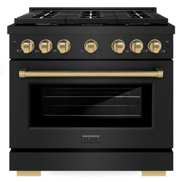 ZLINE Autograph Edition 36 in. 5.2 cu. ft. Paramount Dual Fuel Range with 6 Burner Gas Cooktop and Electric Convection Oven in Black Stainless Steel with Champagne Bronze Accents (SDRBZ-36-CB)