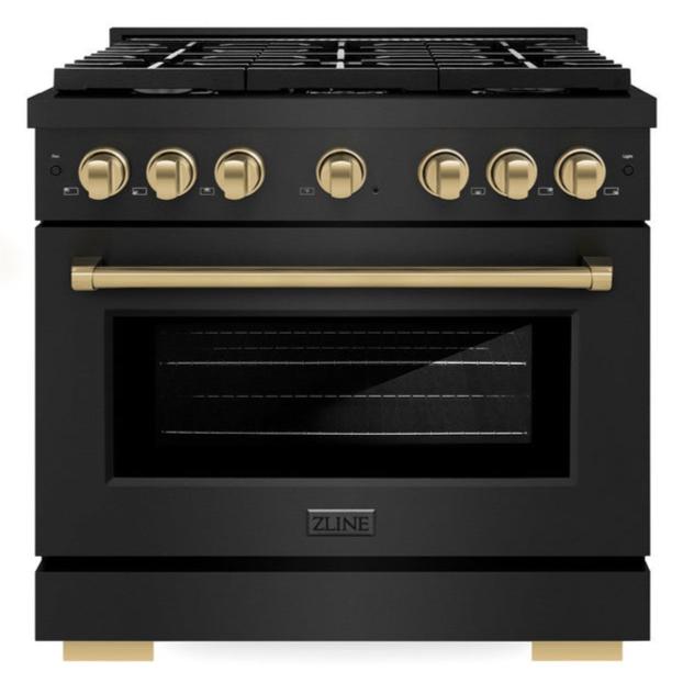 ZLINE Autograph Edition 36 in. 5.2 cu. ft. Paramount Dual Fuel Range with 6 Burner Gas Cooktop and Electric Convection Oven in Black Stainless Steel with Champagne Bronze Accents (SDRBZ-36-CB)