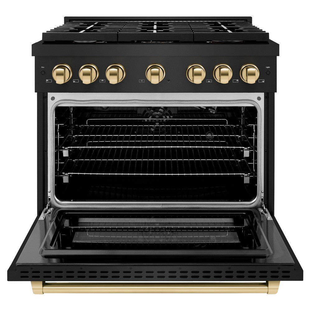 ZLINE Autograph Edition 36 in. Paramount Dual Fuel Range, 5.2 cu. ft. Oven, 6 Burner Gas Cooktop, Black Stainless Steel with Polished Gold Accents (SDRBZ-36-G)