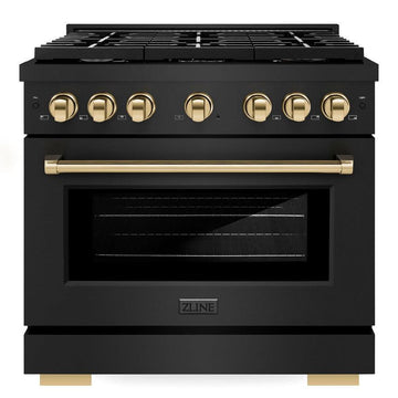 ZLINE Autograph Edition 36 in. Paramount Dual Fuel Range, 5.2 cu. ft. Oven, 6 Burner Gas Cooktop, Black Stainless Steel with Polished Gold Accents (SDRBZ-36-G)