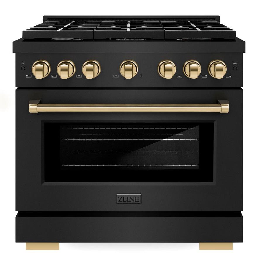 ZLINE Autograph Edition 36 in. Paramount Dual Fuel Range, 5.2 cu. ft. Oven, 6 Burner Gas Cooktop, Black Stainless Steel with Polished Gold Accents (SDRBZ-36-G)