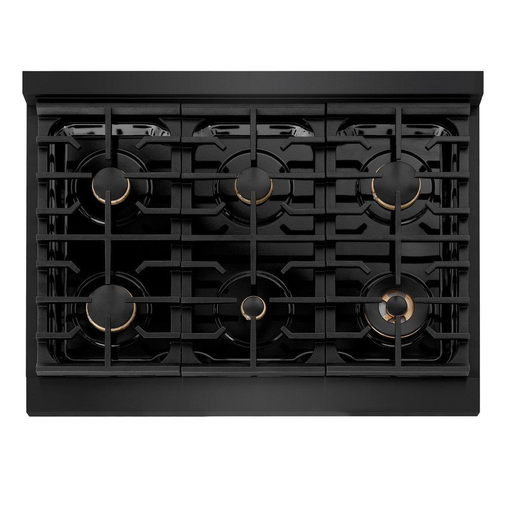 ZLINE Autograph Edition 36 in. Paramount Dual Fuel Range, 5.2 cu. ft. Oven, 6 Burner Gas Cooktop, Black Stainless Steel with Polished Gold Accents (SDRBZ-36-G)