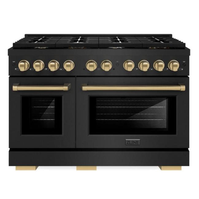 ZLINE Autograph Edition 48 in. Paramount Double Oven Dual Fuel Range with 8 Gas Burners in Black Stainless Steel with Champagne Bronze Accents, 6.7 cu. ft., SDRBZ-48-CB