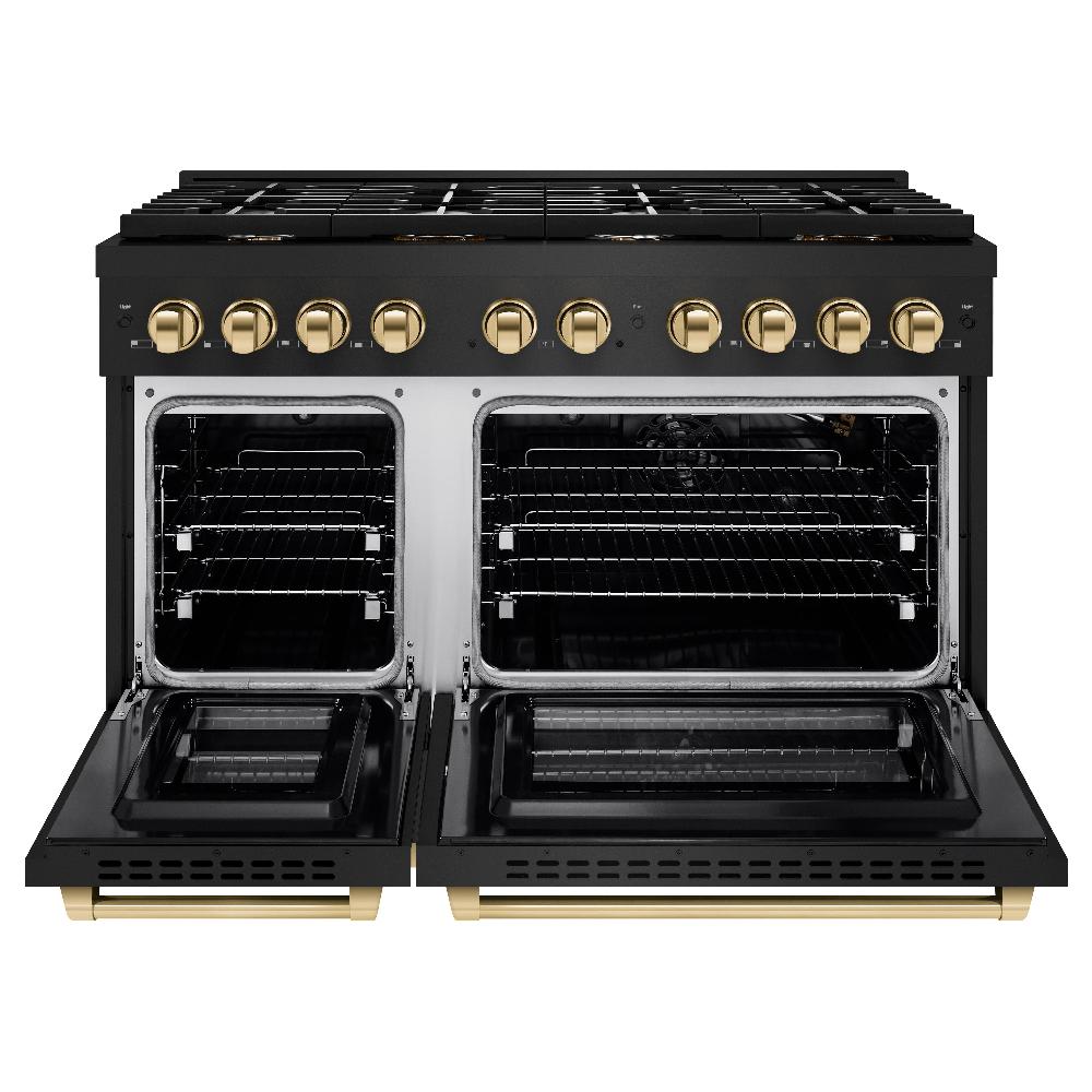 ZLINE Autograph Edition 48 in. 6.7 cu. ft. Paramount Double Oven Dual Fuel Range with 8 Burner Gas Cooktop in Black Stainless Steel with Polished Gold Accents (SDRBZ-48-G)