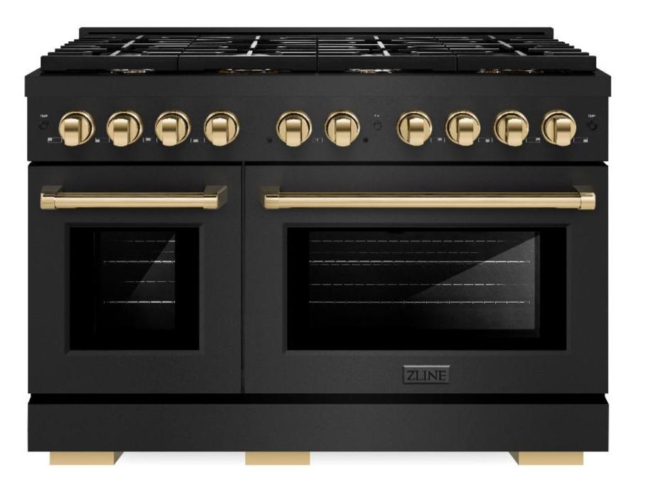 ZLINE Autograph Edition 48 in. 6.7 cu. ft. Paramount Double Oven Dual Fuel Range with 8 Burner Gas Cooktop in Black Stainless Steel with Polished Gold Accents (SDRBZ-48-G)