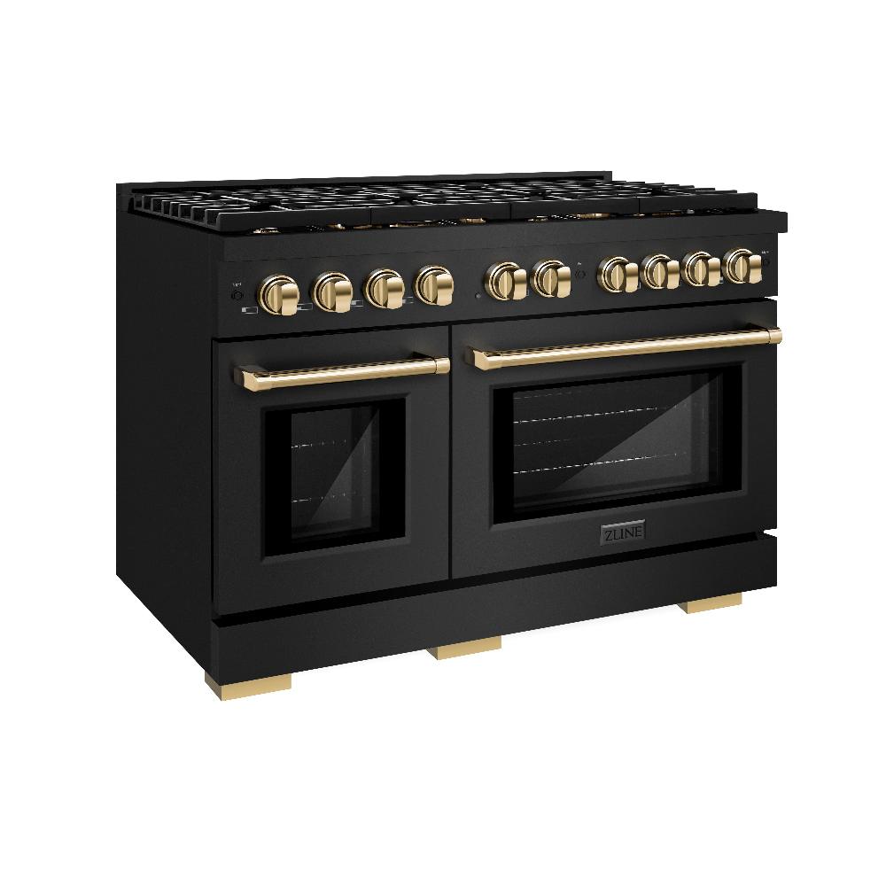 ZLINE Autograph Edition 48 in. 6.7 cu. ft. Paramount Double Oven Dual Fuel Range with 8 Burner Gas Cooktop in Black Stainless Steel with Polished Gold Accents (SDRBZ-48-G)