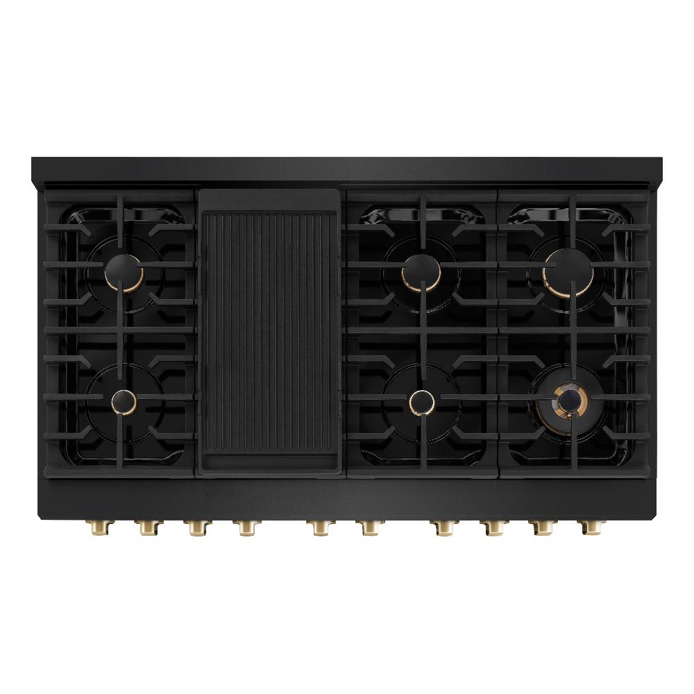 ZLINE Autograph Edition 48 in. 6.7 cu. ft. Paramount Double Oven Dual Fuel Range with 8 Burner Gas Cooktop in Black Stainless Steel with Polished Gold Accents (SDRBZ-48-G)