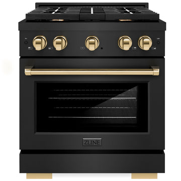 ZLINE Autograph Edition 30 in. 4.2 cu. ft. Paramount Gas Range with 4 Burner Cooktop and Convection Gas Oven in Black Stainless Steel with Gold Accents (SGRBZ-30-G)