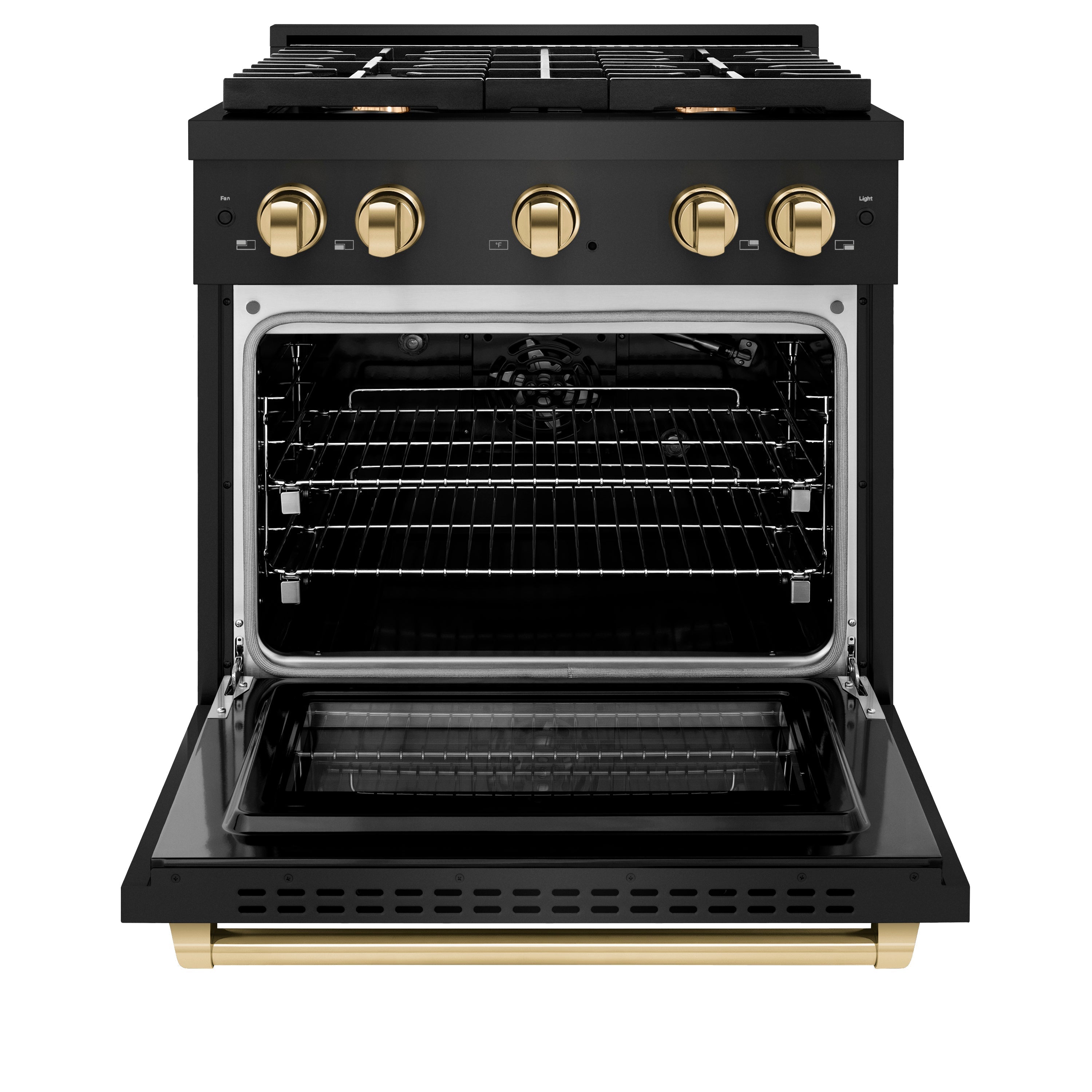 ZLINE Autograph Edition 30 in. 4.2 cu. ft. Paramount Gas Range with 4 Burner Cooktop and Convection Gas Oven in Black Stainless Steel with Gold Accents (SGRBZ-30-G)