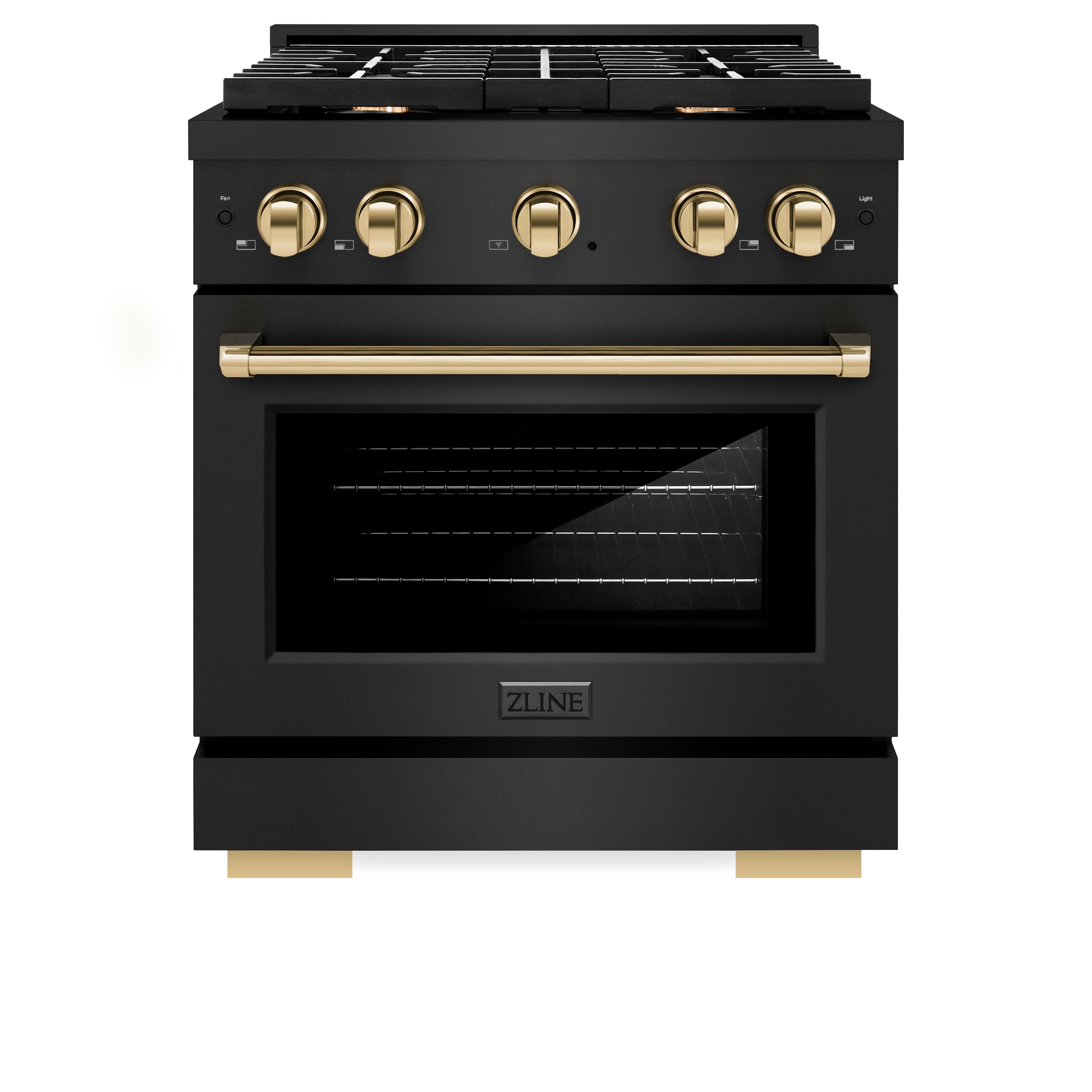 ZLINE Autograph Edition 30 in. 4.2 cu. ft. Paramount Gas Range with 4 Burner Cooktop and Convection Gas Oven in Black Stainless Steel with Gold Accents (SGRBZ-30-G)