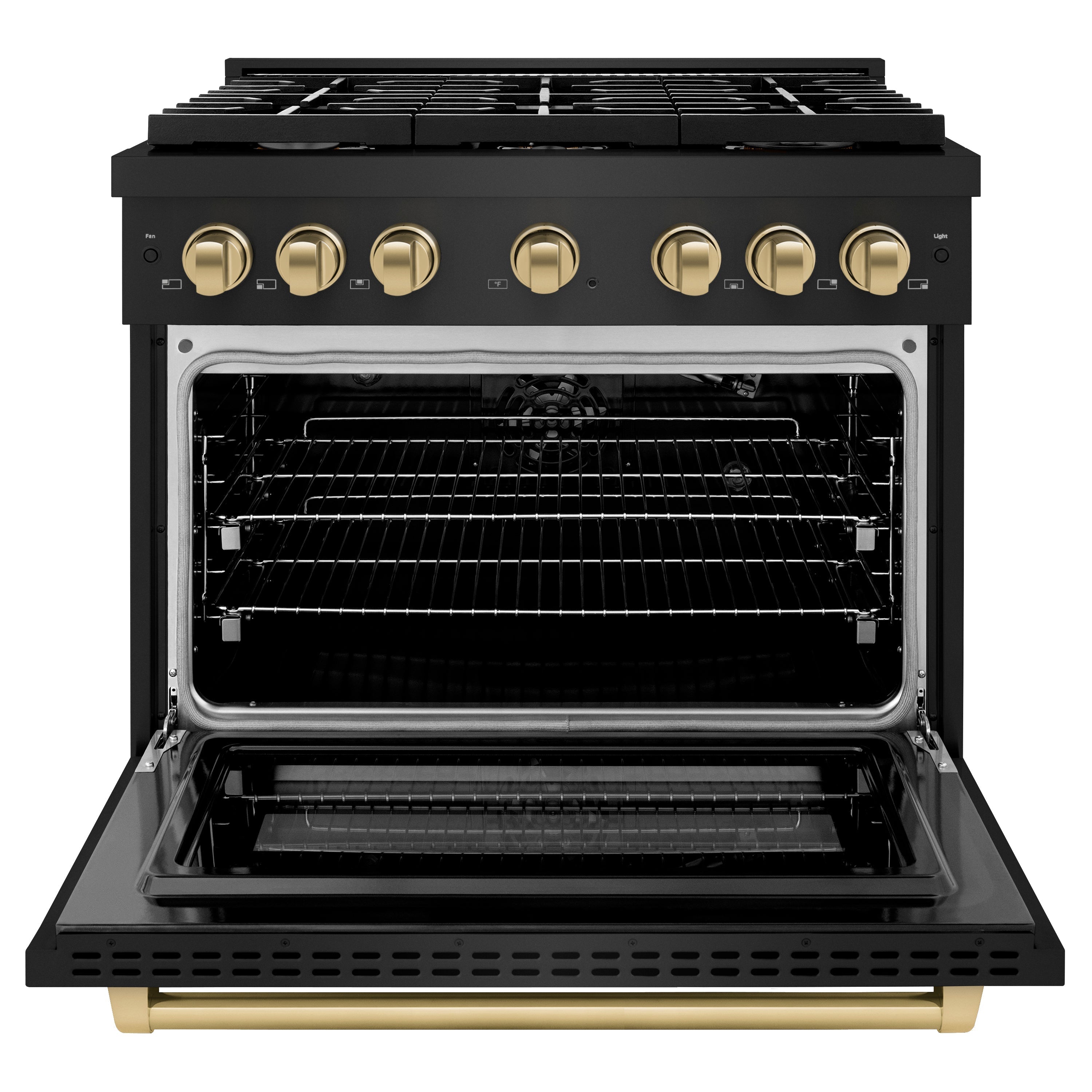 ZLINE Autograph Edition 36 in. 5.2 cu. ft. Gas Range with 6 Burners and Convection Gas Oven in Black Stainless Steel with Bronze Accents (Model SGRBZ-36-CB)
