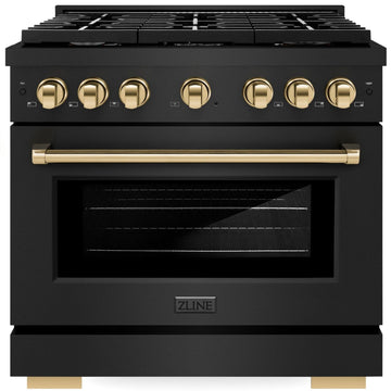 ZLINE Autograph Edition 36 in. 5.2 cu. ft. Paramount Gas Range with 6 Burners and Convection Gas Oven in Black Stainless Steel with Gold Accents (SGRBZ-36-G)
