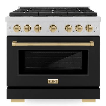 ZLINE Autograph Edition 36 in. Paramount Dual Fuel Range with 6 Gas Burners, 5.2 cu. ft. Electric Convection Oven, Satin Stainless Steel with Black Matte Door and Champagne Bronze Accents (SDRSZ-BLM-36-CB)