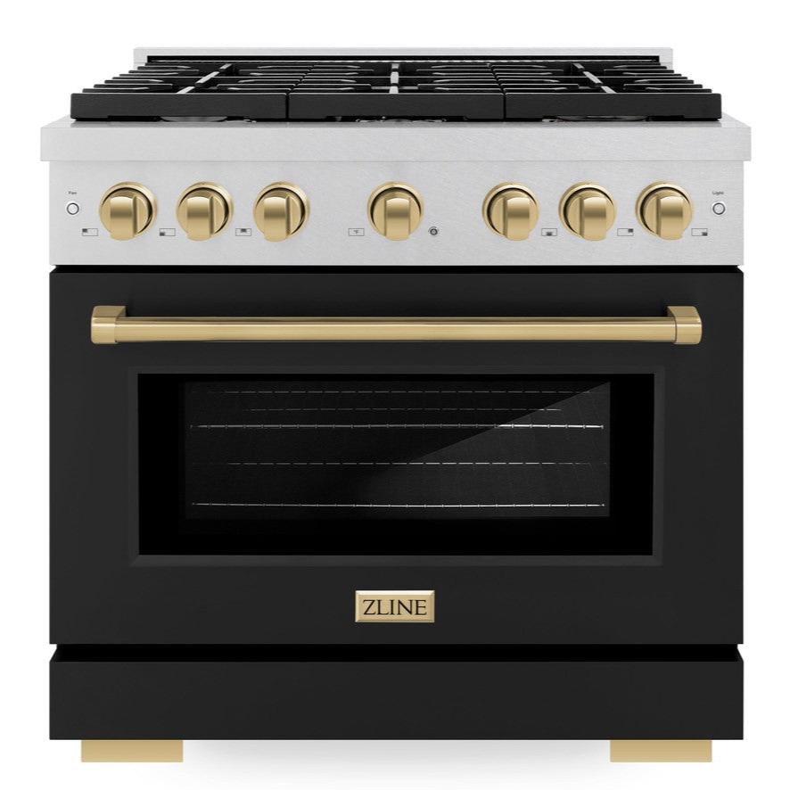 ZLINE Autograph Edition 36 in. Paramount Dual Fuel Range with 6 Gas Burners, 5.2 cu. ft. Electric Convection Oven, Satin Stainless Steel with Black Matte Door and Champagne Bronze Accents (SDRSZ-BLM-36-CB)