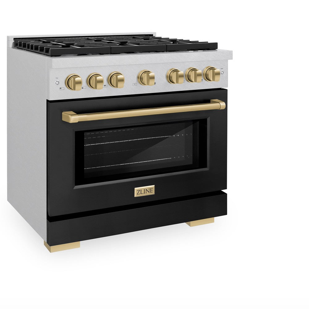ZLINE Autograph Edition 36 in. Paramount Dual Fuel Range with 6 Gas Burners, 5.2 cu. ft. Electric Convection Oven, Satin Stainless Steel with Black Matte Door and Champagne Bronze Accents (SDRSZ-BLM-36-CB)