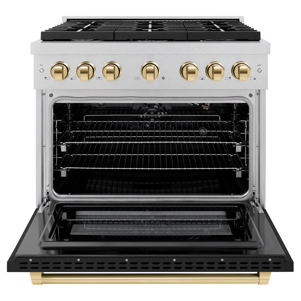 ZLINE Autograph Edition 36 in. Paramount Dual Fuel Range, 5.2 cu. ft., 6 Burner Gas Cooktop with Electric Convection Oven, Satin Stainless Steel with Black Matte Door and Polished Gold Accents (SDRSZ-BLM-36-G)
