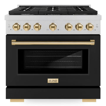 ZLINE Autograph Edition 36 in. Paramount Dual Fuel Range, 5.2 cu. ft., 6 Burner Gas Cooktop with Electric Convection Oven, Satin Stainless Steel with Black Matte Door and Polished Gold Accents (SDRSZ-BLM-36-G)