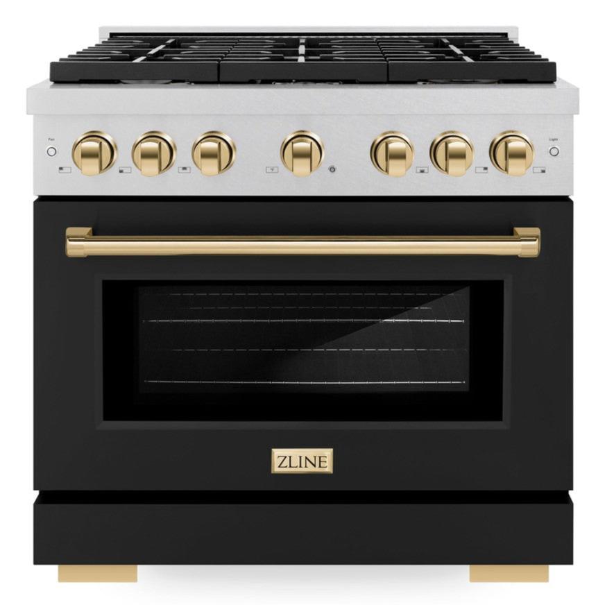 ZLINE Autograph Edition 36 in. Paramount Dual Fuel Range, 5.2 cu. ft., 6 Burner Gas Cooktop with Electric Convection Oven, Satin Stainless Steel with Black Matte Door and Polished Gold Accents (SDRSZ-BLM-36-G)