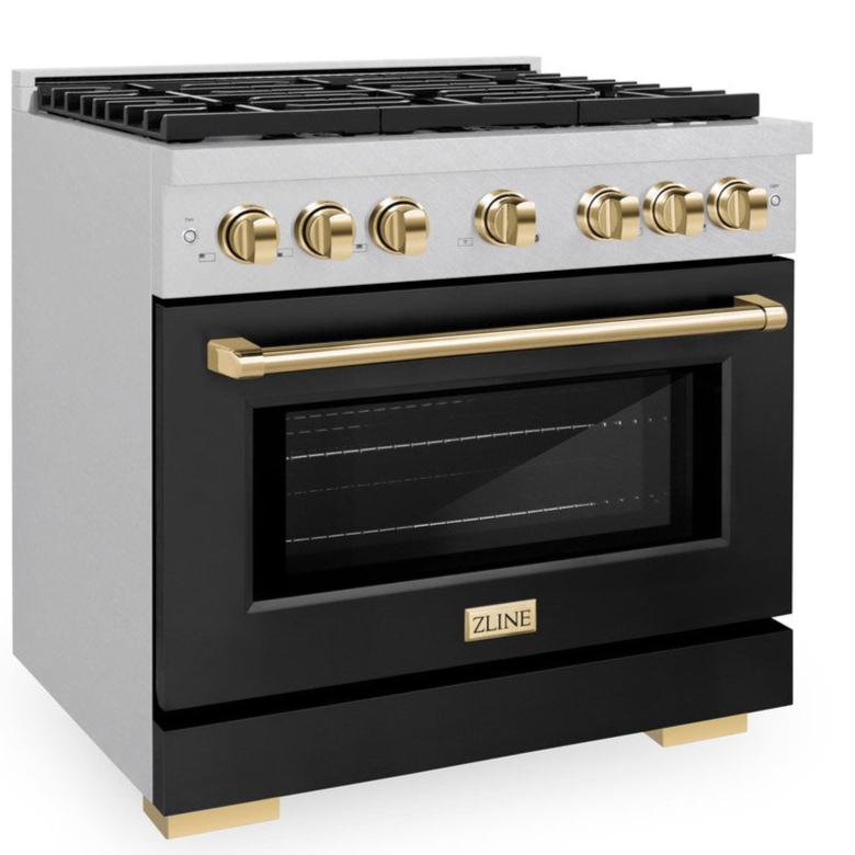ZLINE Autograph Edition 36 in. Paramount Dual Fuel Range, 5.2 cu. ft., 6 Burner Gas Cooktop with Electric Convection Oven, Satin Stainless Steel with Black Matte Door and Polished Gold Accents (SDRSZ-BLM-36-G)