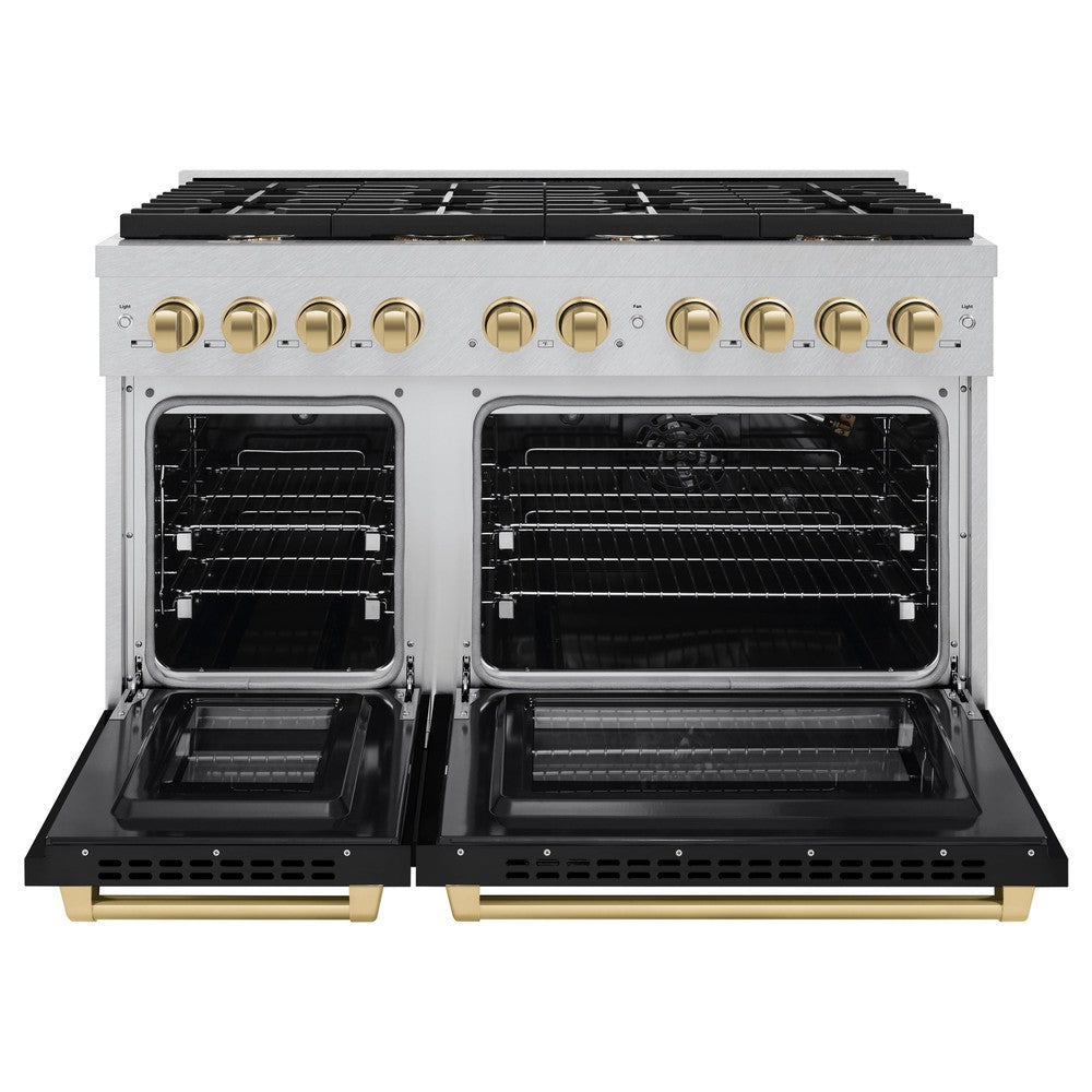 ZLINE Autograph Edition 48 in. 6.7 cu. ft. Paramount Double Oven Dual Fuel Range with 8 Gas Burners in Satin Stainless Steel with Black Matte Doors and Champagne Bronze Accents (SDRSZ-BLM-48-CB)