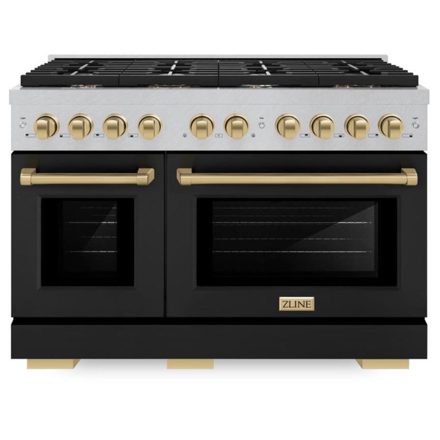 ZLINE Autograph Edition 48 in. 6.7 cu. ft. Paramount Double Oven Dual Fuel Range with 8 Gas Burners in Satin Stainless Steel with Black Matte Doors and Champagne Bronze Accents (SDRSZ-BLM-48-CB)
