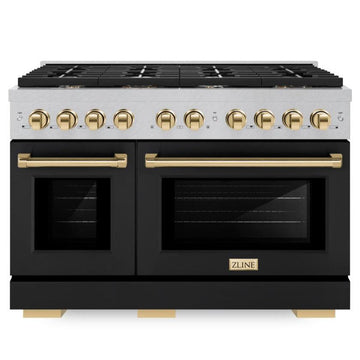 ZLINE Autograph Edition 48 in. Paramount Double Oven Dual Fuel Range, 6.7 cu. ft., 8 Burner Gas Cooktop, Satin Stainless Steel with Black Matte Doors and Polished Gold Accents (SDRSZ-BLM-48-G)
