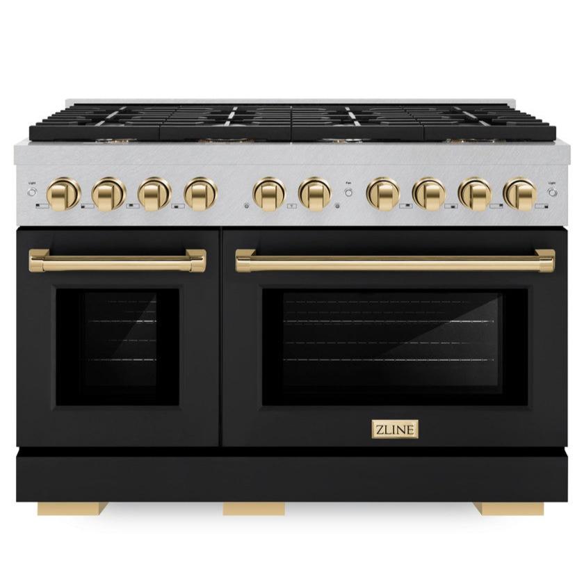 ZLINE Autograph Edition 48 in. Paramount Double Oven Dual Fuel Range, 6.7 cu. ft., 8 Burner Gas Cooktop, Satin Stainless Steel with Black Matte Doors and Polished Gold Accents (SDRSZ-BLM-48-G)