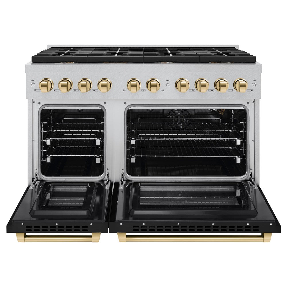 ZLINE Autograph Edition 48 in. Paramount Double Oven Dual Fuel Range, 6.7 cu. ft., 8 Burner Gas Cooktop, Satin Stainless Steel with Black Matte Doors and Polished Gold Accents (SDRSZ-BLM-48-G)
